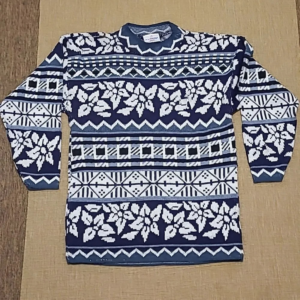 Vintage Fair  Isle Floral Sweater J. J. Poole - Blue and White Size M/L